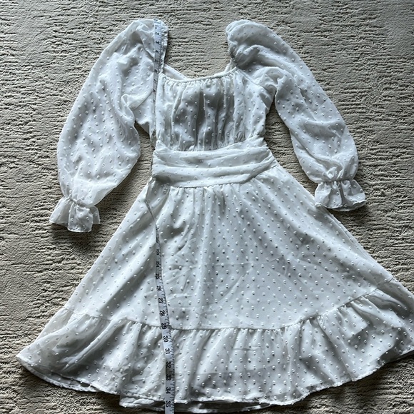 EXLURA Women‘s Tie Back Swiss Dot Square Neck Ruched Long Sleeve Ruffle Dress - Picture 4 of 11